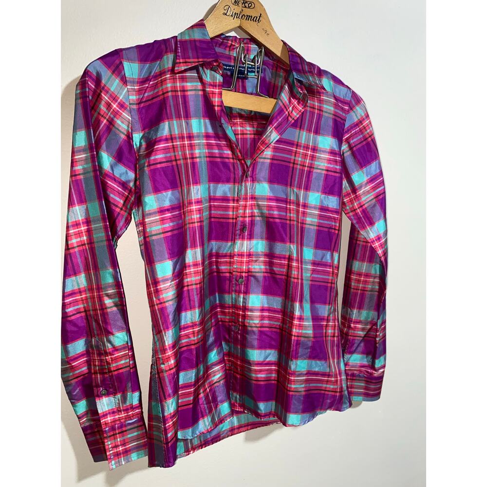 Vintage Ralph Lauren Sport 100% Silk Colorful Plaid Button Down Shirt Small